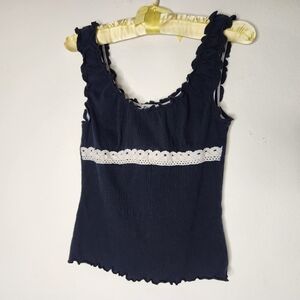 Vintage Paris Blues Large Ruffle Black Tank Top